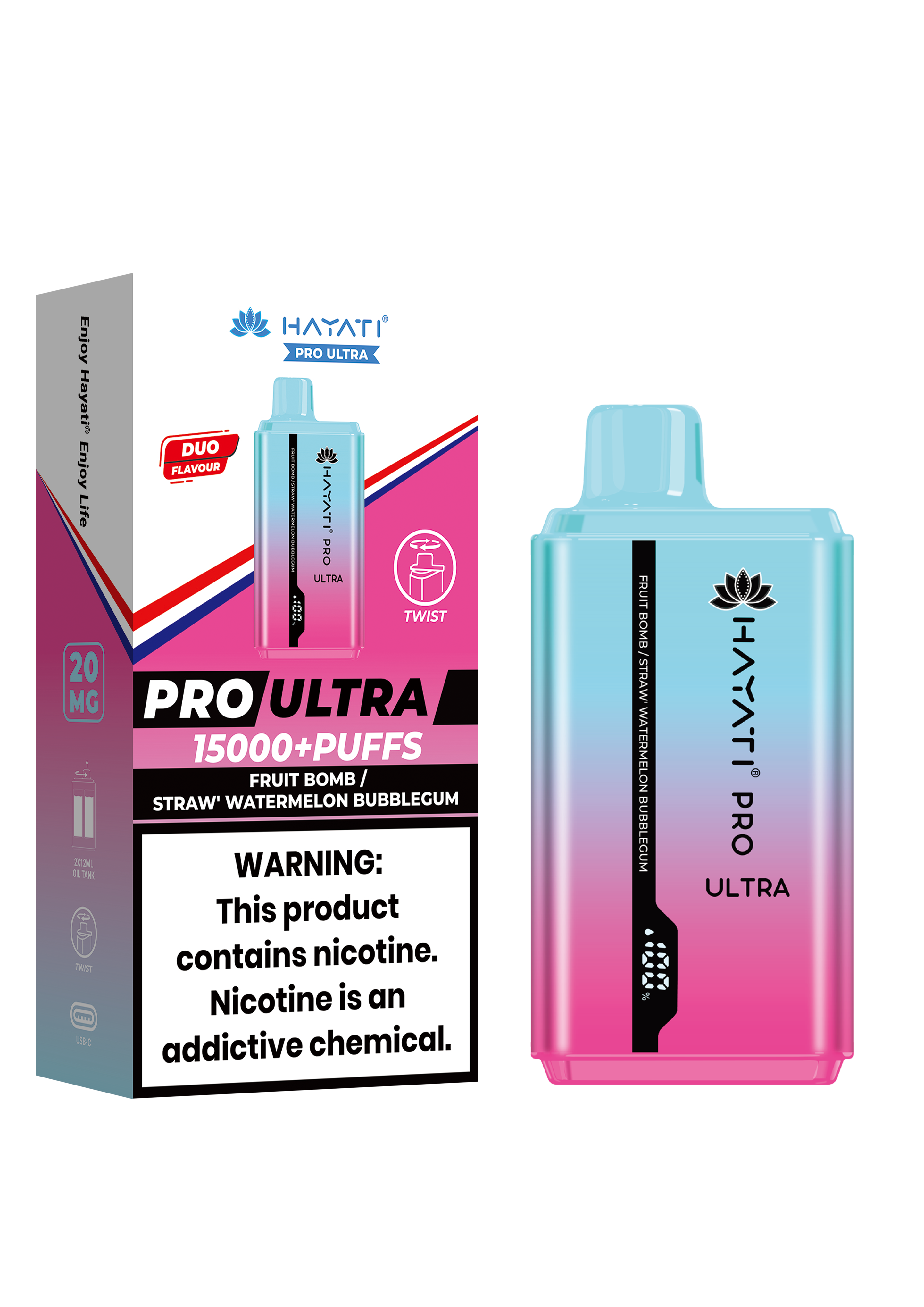 Hayati Pro Ultra 15000 Puffs Disposable Vape - Fruit Bomb / Straw Watermelon Bubblegum Vape Shop Belper, Derby, Ripley Vapes of Belper Hayati Pro Ultra 15000 Puffs Disposable Vape - Fruit Bomb / Straw Watermelon Bubblegum Vape Shop Belper, Derby, Ripley Vapes of Belper