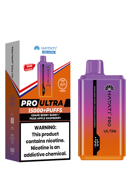 Hayati Pro Ultra 15000 Puffs Disposable Vape - Grape Berry Burst / Pear Apple Raspberry Vape Shop Belper, Derby, Ripley