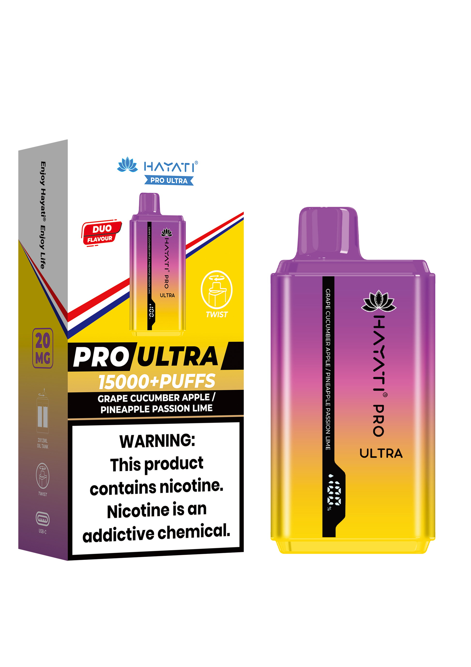 Hayati Pro Ultra 15000 Puffs Disposable Vape - Grape Cucumber Apple / Pineapple Passion Lime Vape Shop Belper, Derby, Ripley Vapes of Belper Hayati Pro Ultra 15000 Puffs Disposable Vape - Grape Cucumber Apple / Pineapple Passion Lime Vape Shop Belper, Derby, Ripley Vapes of Belper
